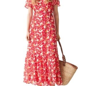 Floral Print Flutter Sleeve Wrap Midi Dress